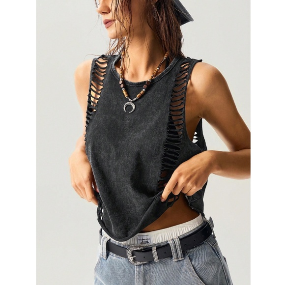 Cotton Grey Distressed Tank Top Loose Fit - Picture 3 of 9